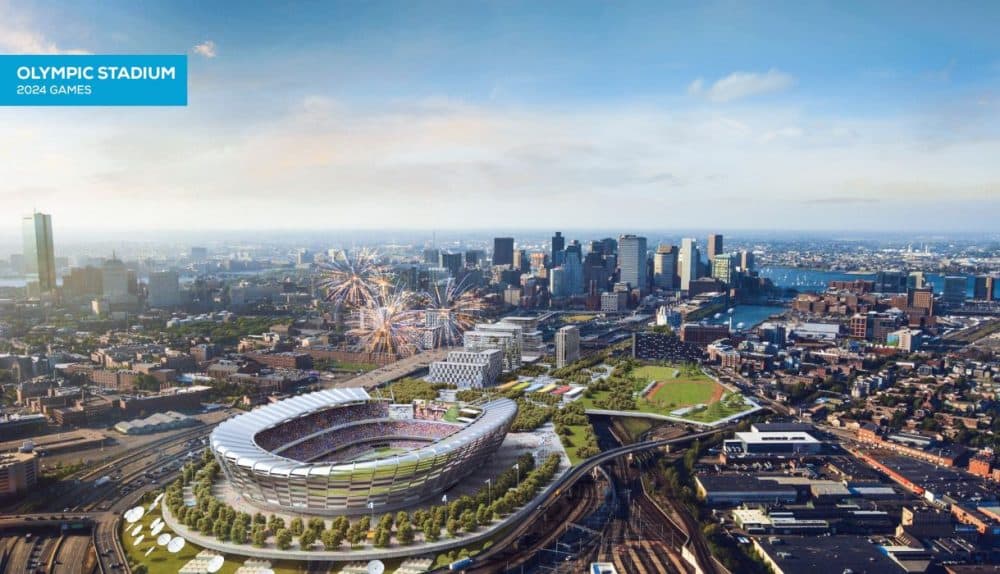 A rendering of the proposed Olympic Stadium, during the games (Boston 2024)