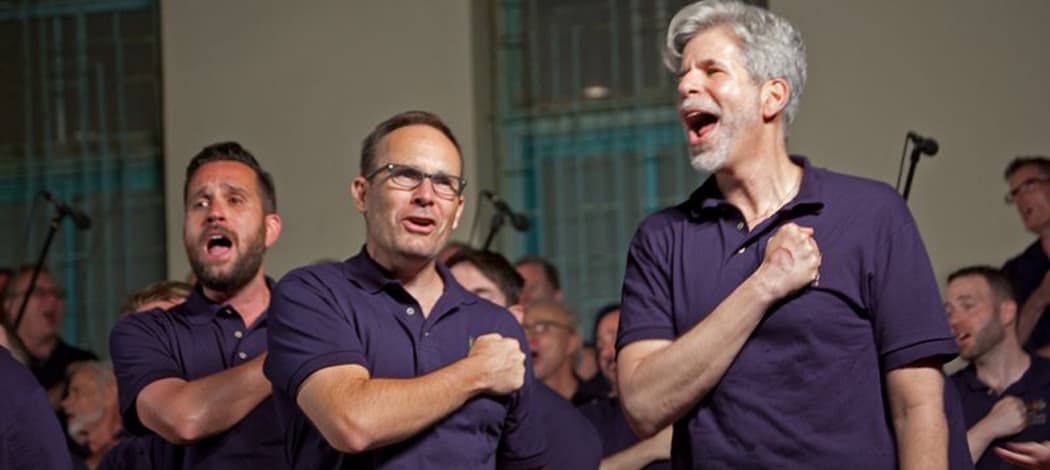 Boston Gay Men’s Chorus members Michael Lombo, Peter Crosby and Jay Baer perform at the Suzanne Dellal Center in Tel Aviv. (Courtesy of Boston Gay Men's Chorus)
