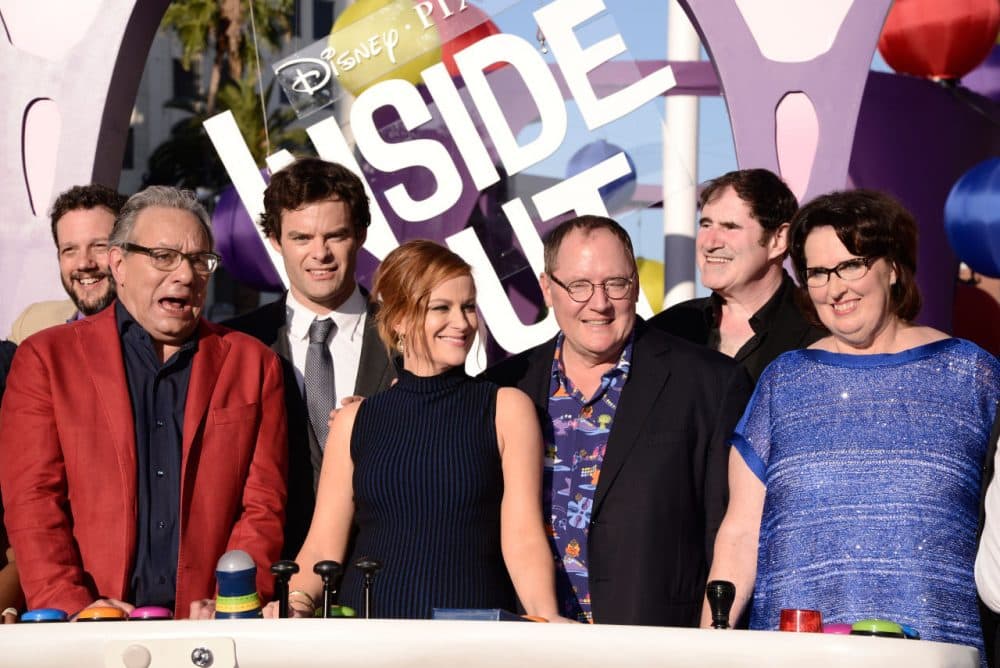 Michael Giacchino, and from left, Lewis Black, Bill Hader, Amy Poehler, John Lasseter, Richard Kind and Phyllis Smith at the Los Angeles premiere of  &quot;Inside Out&quot; at the El Capitan Theatre June 8. (Dan Steinberg/Invision/AP)