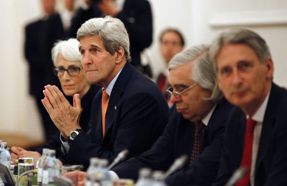 U.S. Secretary of State John Kerry meets with foreign ministers of Germany, France, China, Britain, Russia and the European Union at a hotel in Vienna, Austria, Tuesday, July 7, 2015. Iran nuclear talks were in danger of busting through their second deadline in a week Tuesday, raising questions about the ability of world powers to cut off all Iranian pathways to a bomb through diplomacy, and testing the resolve of U.S. negotiators to walk away from the negotiation as they've threatened. (Carlos Barria/AP)