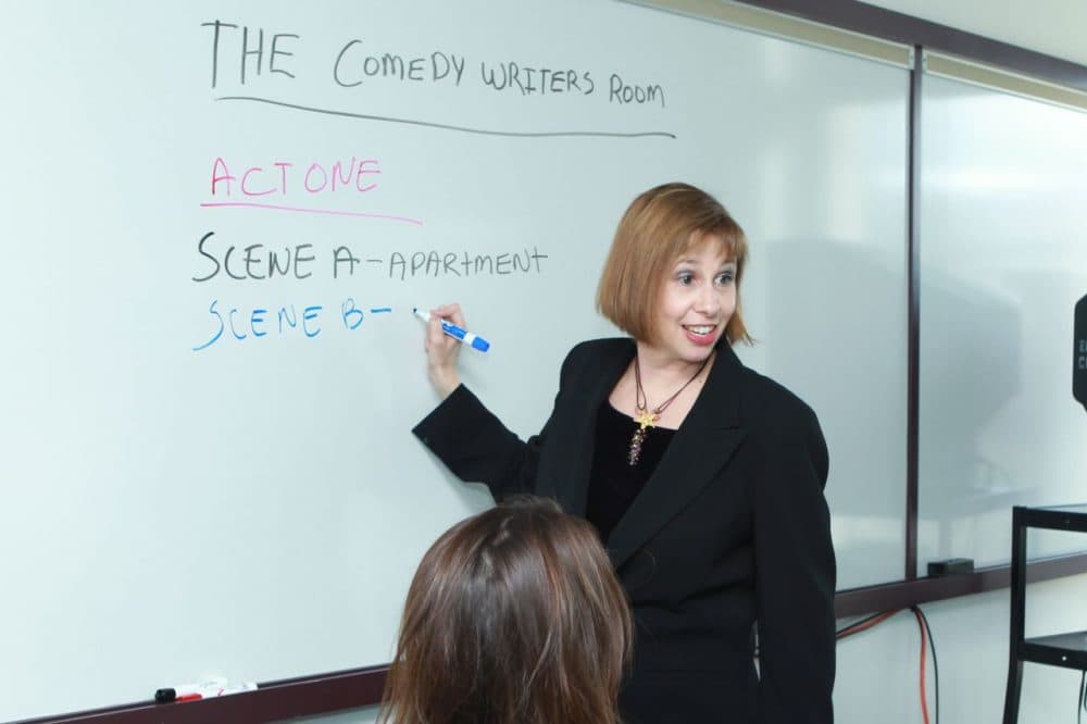 Martie Cook, who will direct Emerson College's comedic arts program, in the classroom teaching writing for television. (Courtesy Emerson College)