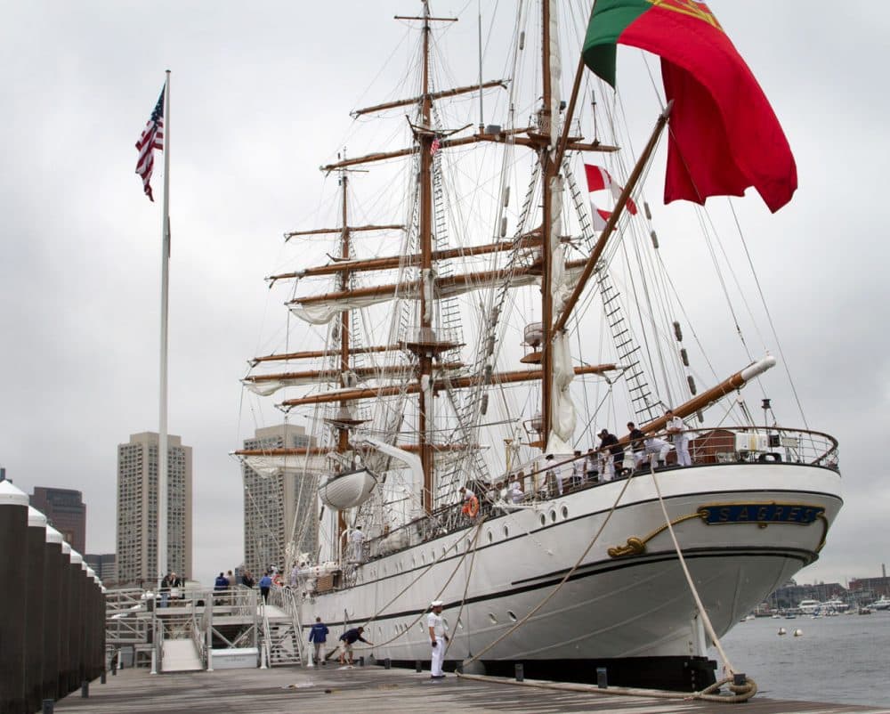 Portugal's Sagres is docked at the Fan Pier Marina in Boston on Friday. It's the second of three Tall Ships arriving this summer. (Hadley Green for WBUR)