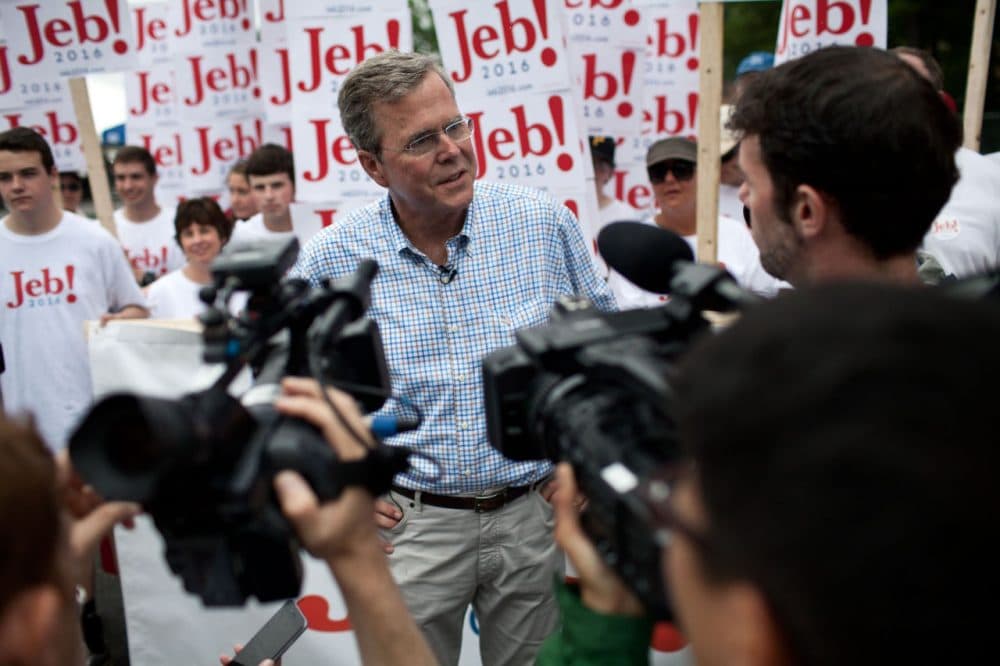 Republican Presidential candidate Jeb Bush speaks to the press at the 4th of July Parade in Merrimack, New Hampshire. (Kayana Szymczak/Getty Images)