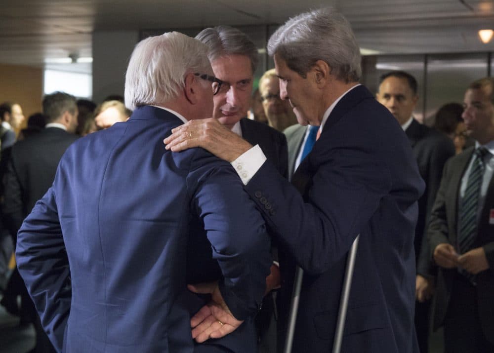 German Foreign Minister Frank-Walter Steinmeier, British Secretary of State for Foreign and Commonwealth Affairs Philip Hammond and US Secretary of State John Kerry talk prior to a plenary session at the United Nations building in Vienna, Austria July 14, 2015. Iran and six major world powers reached a nuclear deal on Tuesday, capping more than a decade of on-off negotiations with an agreement that could potentially transform the Middle East, and which Israel called an &quot;historic surrender&quot;.    (JOE KLAMAR/AFP/Getty Images)