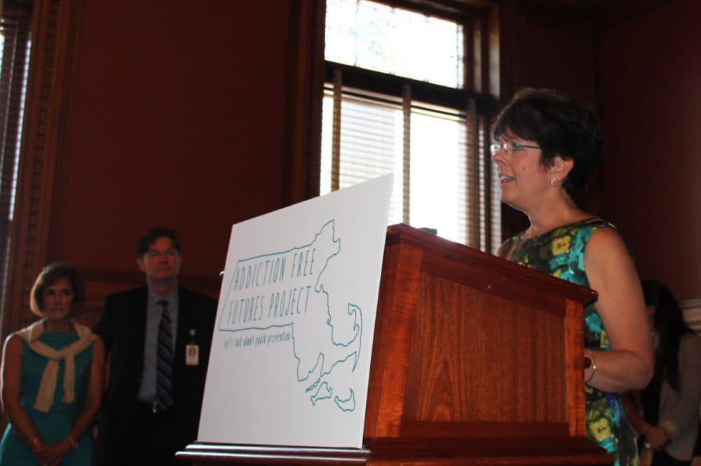 Prevention of Cruelty to Children CEO Mary McGeown speaks at the launch of the Addiction Free Futures Project Thursday. (State House News Service)