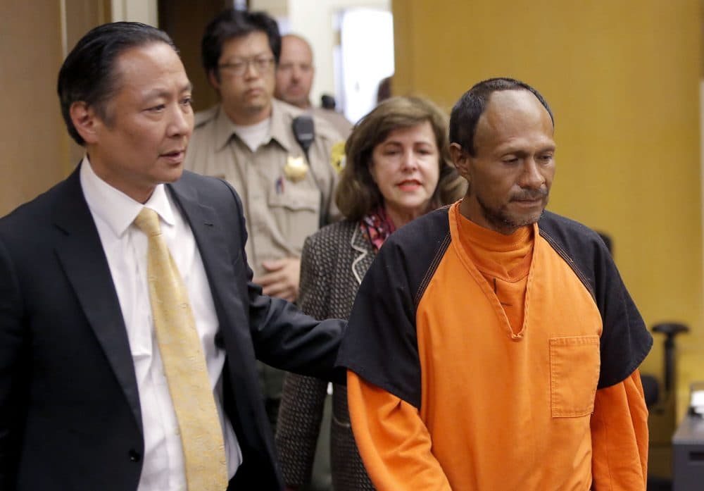 Juan Francisco Lopez-Sanchez is lead into the courtroom at the Hall of Justice in San Francisco. He's a suspect in the shooting death of 32-year-old Kathryn Steinle, who was walking on a San Francisco pier. (Michael Macor/San Francisco Chronicle via AP, Pool, File)