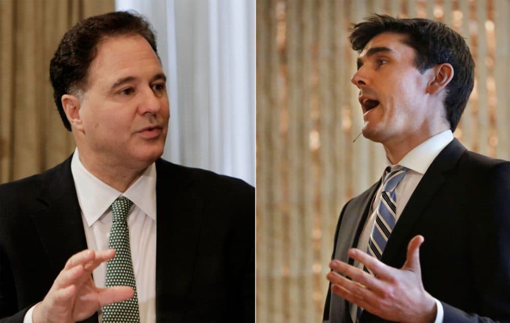 Boston 2024 Chair Steve Pagliuca, left, and No Boston Olympics Co-Chair Chris Dempsey are two of four who will square off in a televised debate over the city's quest for the 2024 Summer Olympics. (AP)