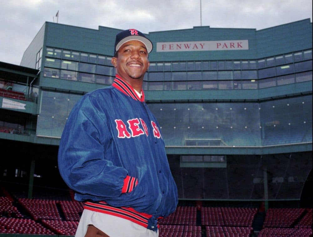 Newly acquired pitcher Pedro Martinez poses Tuesday, Nov. 25, 1997, at Fenway Park in Boston. (Julia Malakie/AP)