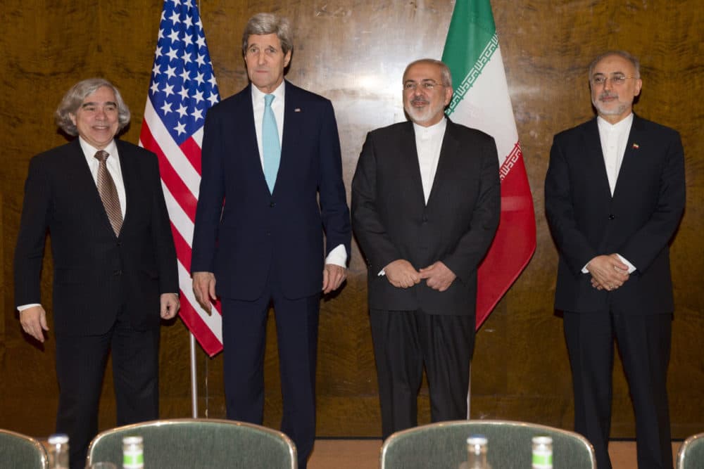 US Secretary of State John Kerry, second left, meets with Iranian Foreign Minister Mohammad Javad Zarif, second right, for a new round of nuclear negotiations on Monday, March 2, 2015, in Montreux, Switzerland.  From left, Secretary of Energy Ernest Moniz, Kerry, Zarif, and Dr. Ali Akbar Salehi, head of Iran's Atomic Energy Organization. (Evan Vucci/AP)