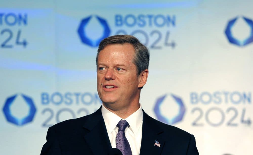 Gov. Charlie Baker speaks in January after Boston was picked by the USOC as its bid city. On Monday, the city's quest to host the 2024 Summer Games came to an end. (Winslow Townson/AP)