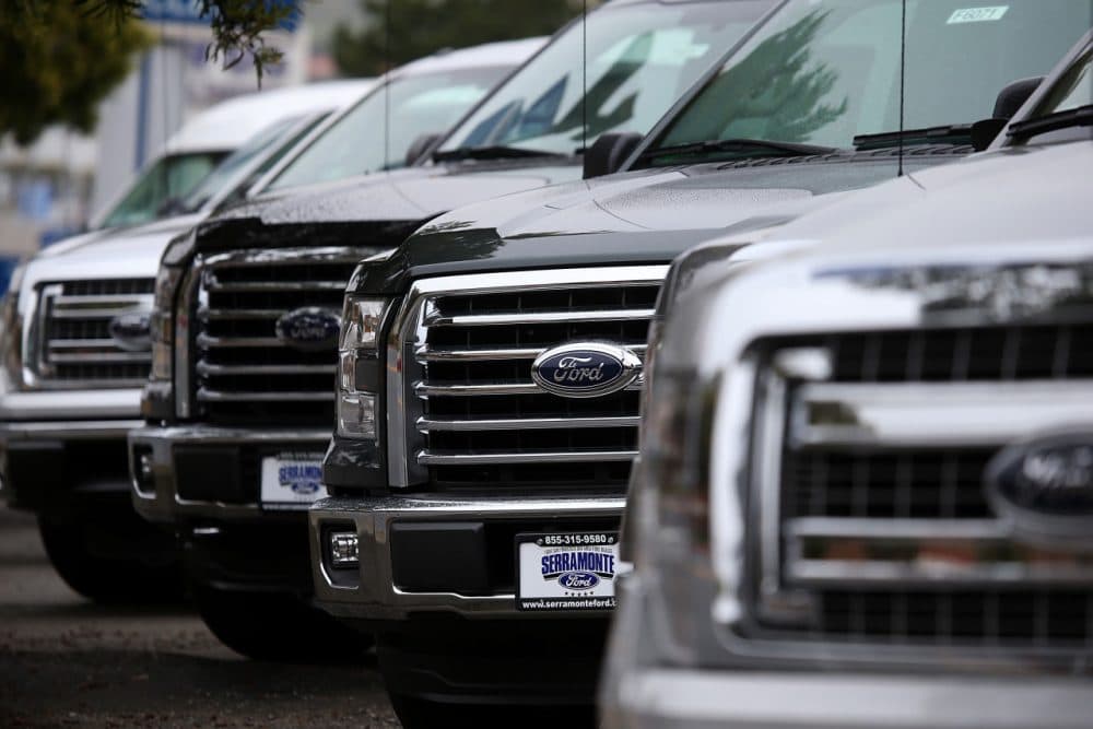 New Ford F-150 pickups are displayed on the sales lot at Serramonte Ford on April 28, 2015 in Colma, California. (Justin Sullivan/Getty Images)