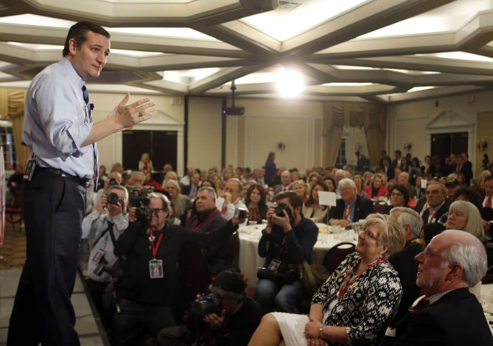 When Republican candidates are not in New Hampshire, they often show off their socially conservative credentials. Not so much in the Granite State. Here, GOP presidential hopeful Ted Cruz, a Texas senator, speaks at the Republican Leadership Summit on April 18 in Nashua, N.H. (Jim Cole/AP)