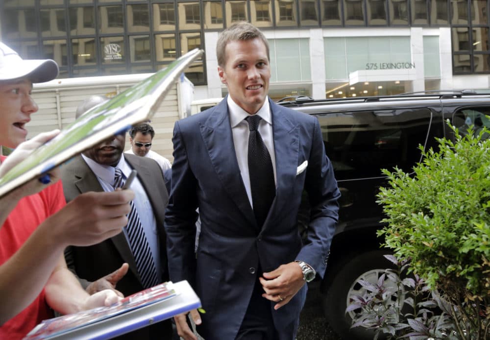 Patriot's quarterback Tom Brady arrives for his appeal hearing at NFL headquarters in New York in late June. (Mark Lennihan/AP)