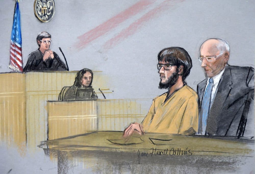 In this courtroom sketch, Alexander Ciccolo, second from right, is depicted with his attorney David Hoose, right, during a bail hearing Tuesday, July 14, 2015, in federal court in Springfield, Mass. (Jane Flavell Collins/AP)