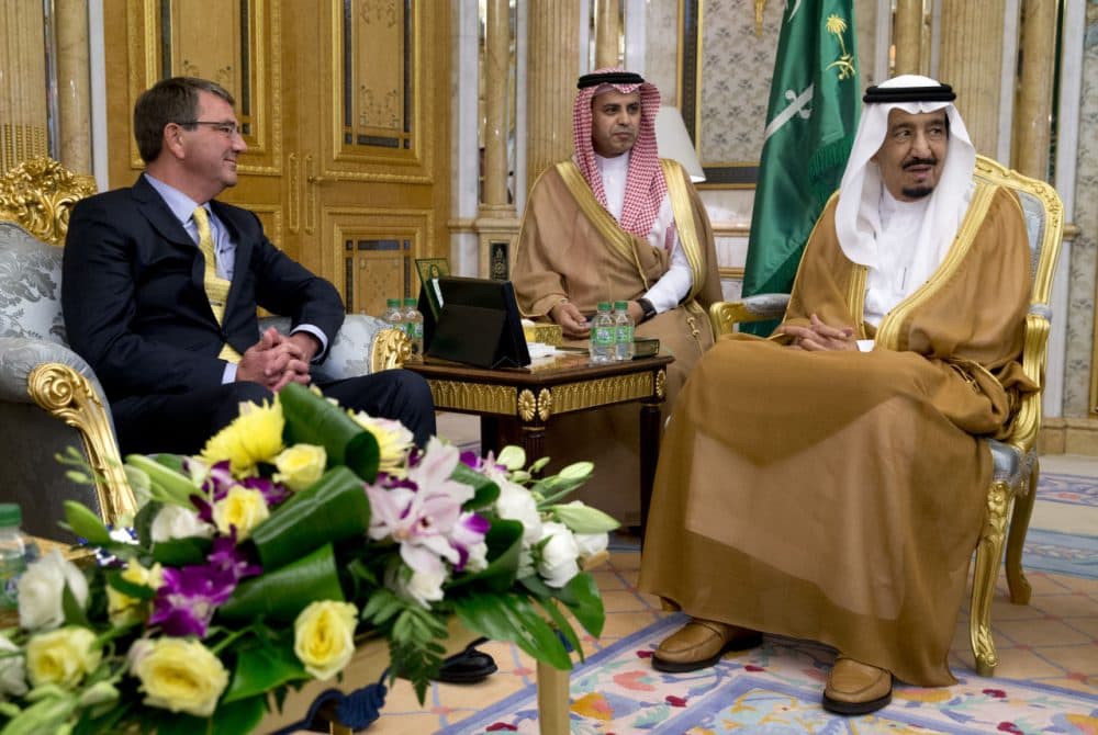 U.S. Defense Secretary Ash Carter meets with Saudi Arabian King Salman bin Abdul Aziz at Al-Salam Palace in Jiddah, Saudi Arabia on July 22. Carter came to consult with Saudi leaders, who are also unsettled by an Iran accord they see as likely to increase Iranian power and influence in the Persian Gulf and beyond. (Carolyn Kaster/AP)