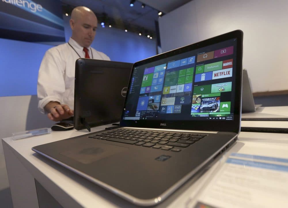 A Dell laptop computer running Windows 10 on display at the Microsoft Build conference in San Francisco. (Jeff Chiu/AP)