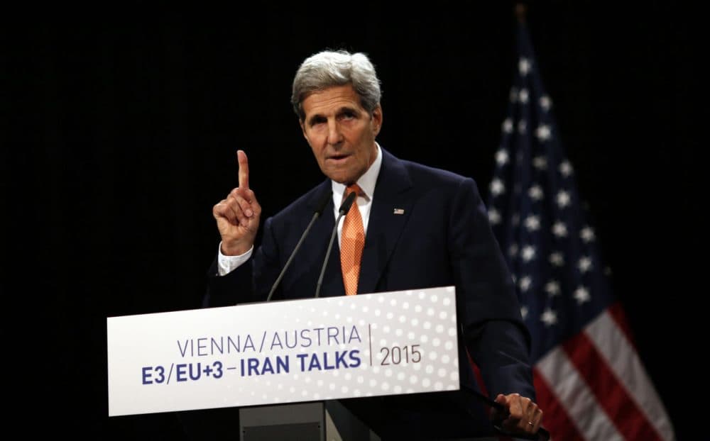 U.S. Secretary of State John Kerry, a former Massachusetts U.S. senator, delivers a statement on the Iran nuclear deal at the Vienna International Center on Tuesday. (Carlos Barria/ Pool/AP)