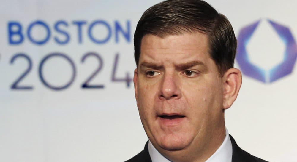 In this Jan. 9, 2015, file photo, Boston Mayor Martin Walsh speaks during a news conference in Boston after the city was picked by the USOC as its bid city for the 2024 Olympic Summer Games. Walsh said Monday, July 27, 2015, he won't sign a host city contract, which is key to the city's bid, without more assurances that taxpayers won't foot the bill. (Winslow Townson/AP)
