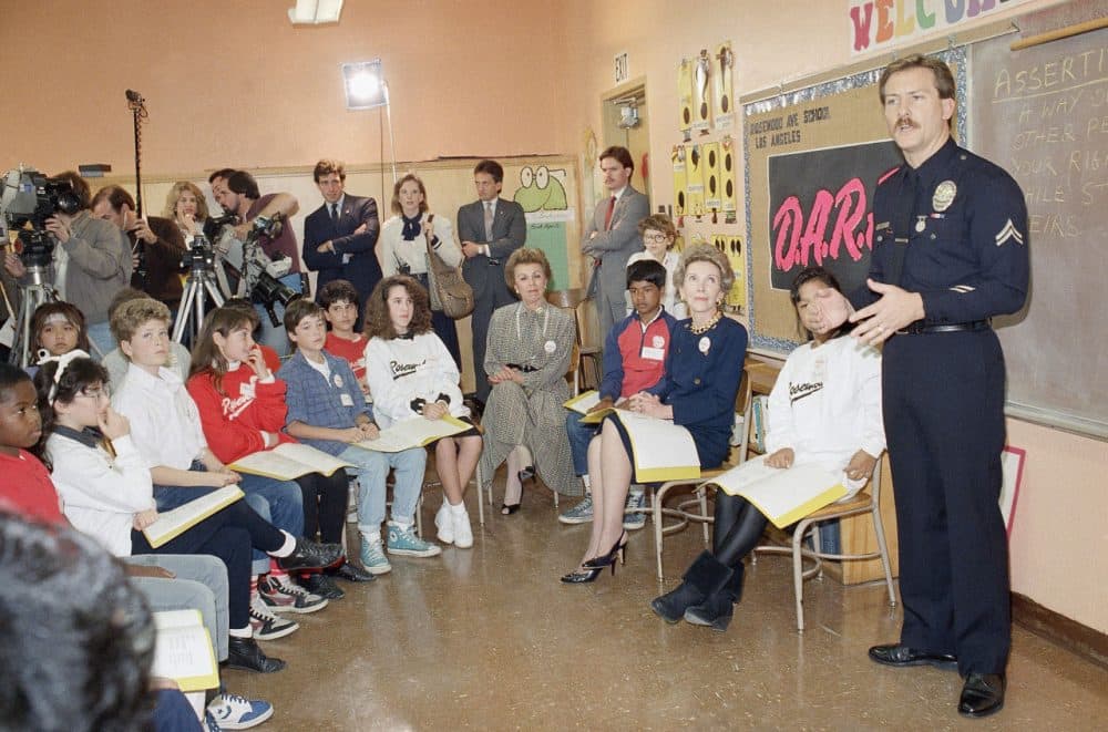First Lady Nancy Reagan sits with students at a presentation by the Los Angeles police department's Project D.A.R.E. (Drug Abuse Resistance Education). Such education has moved beyond the &quot;just say no&quot; approach, according to Lee Ellenberg. (Nick Ut/AP)