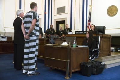 Former University of Cincinnati police officer Ray Tensing, second from left, appears before Judge Megan Shanahan at Hamilton County Courthouse for his arraignment in the shooting death of motorist Samuel DuBose, Thursday, July 30, 2015, in Cincinnati. Tensing pleaded not guilty to charges of murder and involuntary manslaughter. (AP)