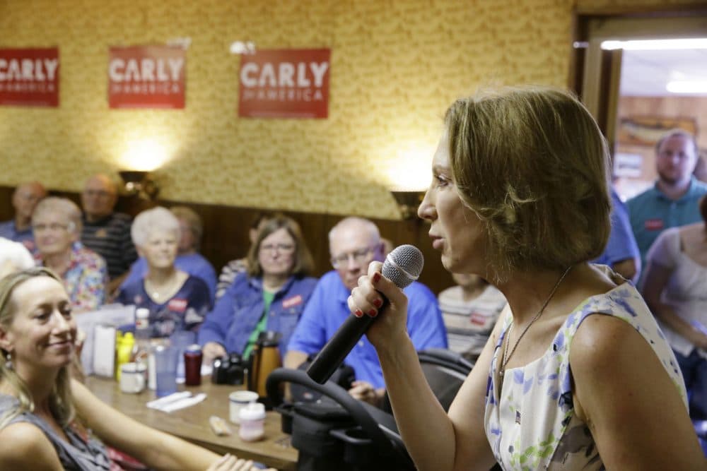Republican presidential candidate Carly Fiorina speaks to local residents during a meet and greet at Cecil's Cafe, Thursday, July 23, 2015, in Marshalltown, Iowa. (AP Photo/Charlie Neibergall)