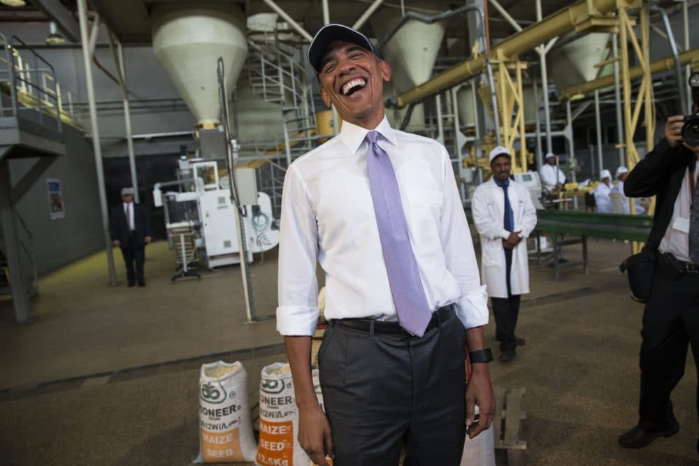 In this Tuesday, July 28, 2015 file photo, President Barack Obama jokes with the media during a tour of Faffa Food in Addis Ababa, Ethiopia. President Barack Obama’s historic visit to Kenya and Ethiopia, which concluded Tuesday July 28, 2015, was marked by stirring images of throngs of thousands coming out to cheer the motorcade for this first visit by a sitting American president. (AP)