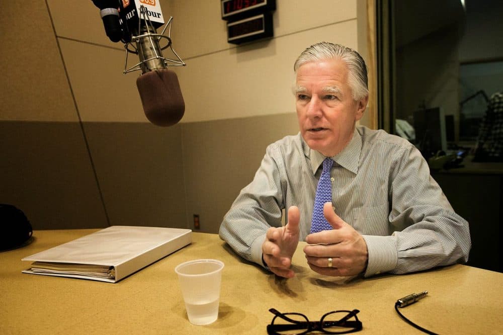 UMass President Marty Meehan in the WBUR studios in May. In a letter to Meehan sent earlier this month, Senate President Stanley Rosenberg urged Meehan and the trustees of UMass to reconsider a 5 percent hike in student fees. (Jesse Costa/WBUR)