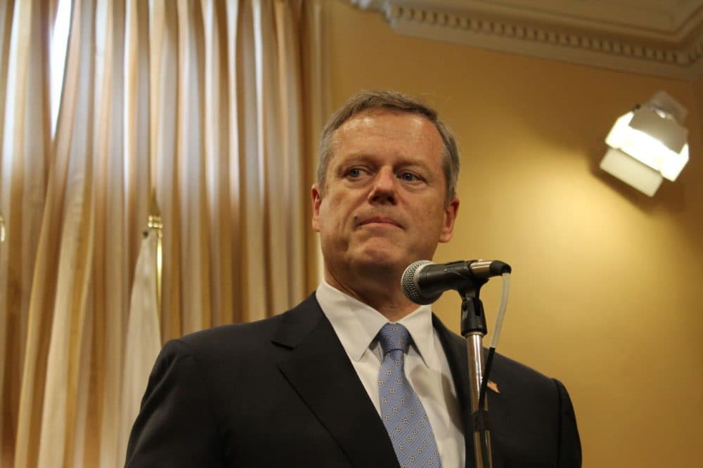 Gov. Charlie Baker speaks at a press conference at the State House. (State House News Service)