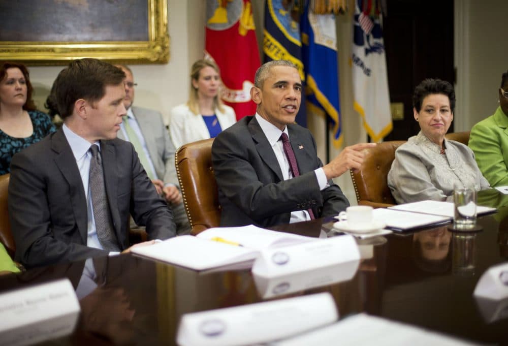 President Barack Obama, center, with Paul Sullivan, left, Vice President of International Business Development at Acrow Bridge, and Susan Jaime, right, CEO Ferra Coffee International, speaks during his meeting with small business owners to discuss the importance of the reauthorization of the Export-Import Bank in the White House on July 22, 2015. (Pablo Martinez Monsivais/AP)