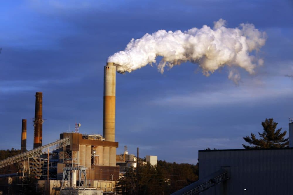 A plume of steam billows from the coal-fired Merrimack Station in Bow, N.H. (Jim Cole/AP Photo)