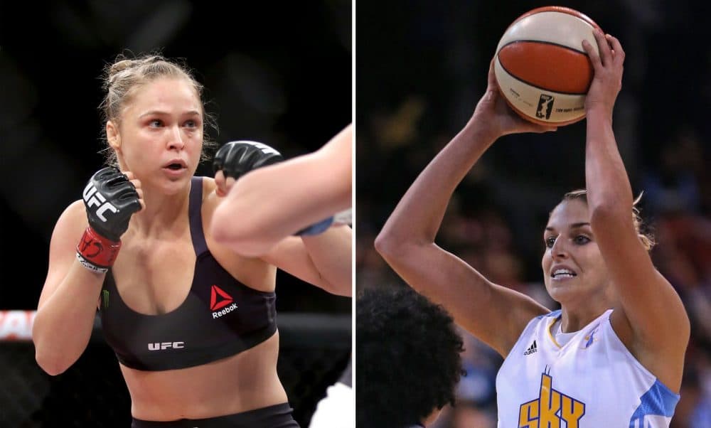 Left: Ronda Rousey of the United States fights Bethe Correia of Brazil in their bantamweight title fight on August 1, 2015 in Rio de Janeiro, Brazil. (Matthew Stockman/Getty Images) Right: Elena Delle Donne #11 of the Chicago Sky looks to pass during game three of the WNBA Finals at the UIC Pavilion on September 12, 2014 in Chicago, Illinois. (Jonathan Daniel/Getty Images)