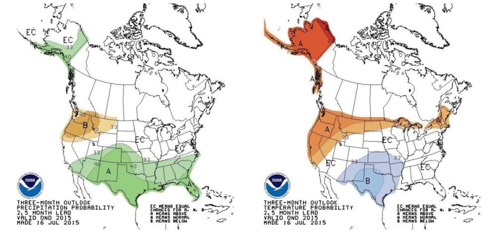 Charts from the National Oceanic and Atmospheric Administration show three-month precipitation (left) and temperature (right) outlooks, and the effects of &quot;The Blob&quot; on the Pacific Northwest and Alaska. (NOAA)