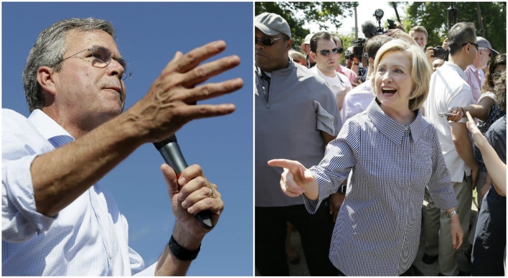Republican Jeb Bush, pictured at left, suggested last week that the Obama administration's foreign policy decisions in Iraq set the stage for ISIS. Not so, says Rich Barlow. In this photo, Bush and Democrat Hillary Rodham Clinton are pictured at the Iowa State Fair on Aug. 15 and Aug. 14, 2015, respectively. (Both photos by Charlie Neibergall/AP)