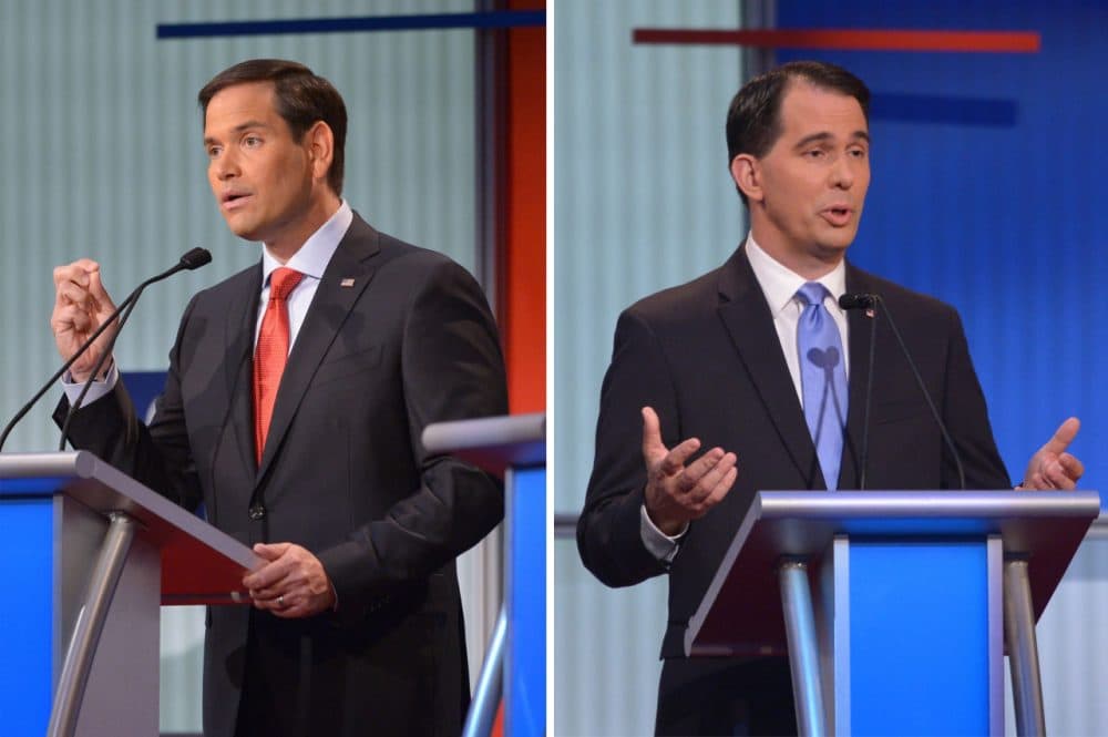 U.S. Senator Marco Rubio of Florida (right) and Wisconsin Gov. Scott Walker are pictured at the Republican presidential primary debate on August 6, 2015 at the Quicken Loans Arena in Cleveland, Ohio. (Mandel Ngan/AFP/Getty Images)