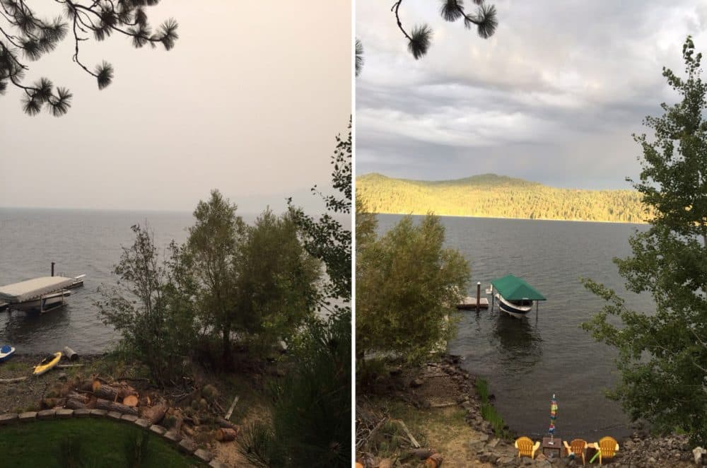 Wildfire smoke obscures the view in this photo taken yesterday of Lake Coeur d'Alene in the Idaho panhandle, about 35 miles from Spokane, Washington. The photo on the right was taken from the same spot in June. (Mary O'Dowd)