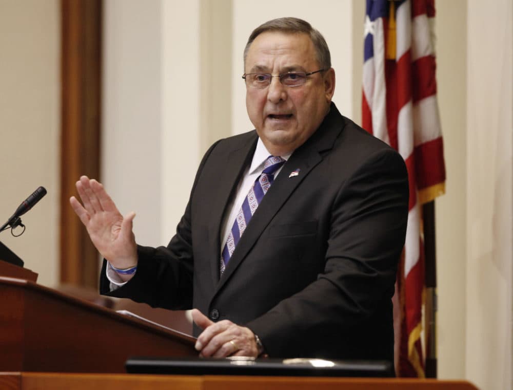 Gov. Paul LePage delivers his State of the State address to the Legislature at the Statehouse in Augusta, Maine in February. (Joel Page/AP)