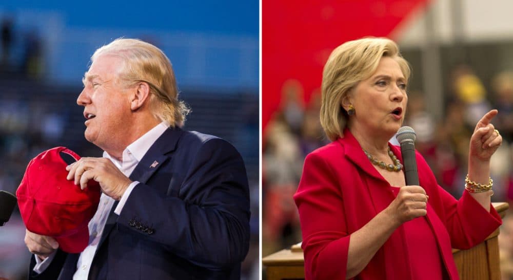 At left: Donald Trump removes his hat to show that his hair is real during a political rally at Ladd-Peebles Stadium on August 21, 2015 in Mobile, Alabama. (Mark Wallheiser/Getty Images) At right: Hillary Clinton speaks to guests gathered for a campaign event on the campus of Case Western Reserve University on August 27, 2015 in Cleveland, Ohio. (Jeff Swensen/Getty Images)