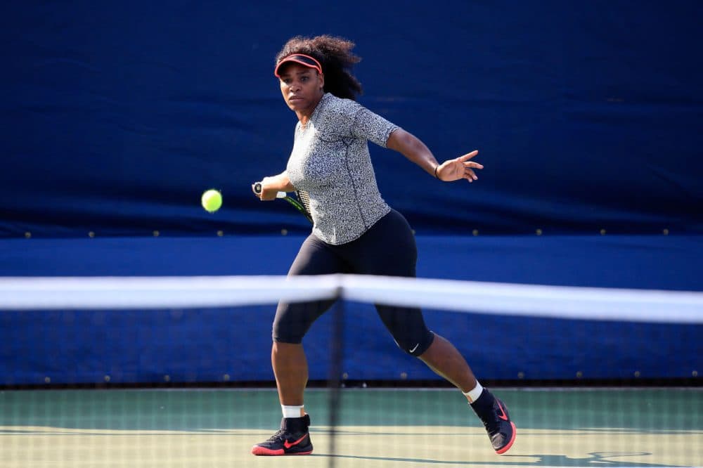 Serena Williams of the United States hits a ball during a practice session prior to the U.S. Open at USTA Billie Jean King National Tennis Center on August 30, 2015 in New York City. (Chris Trotman/Getty Images for the USTA)