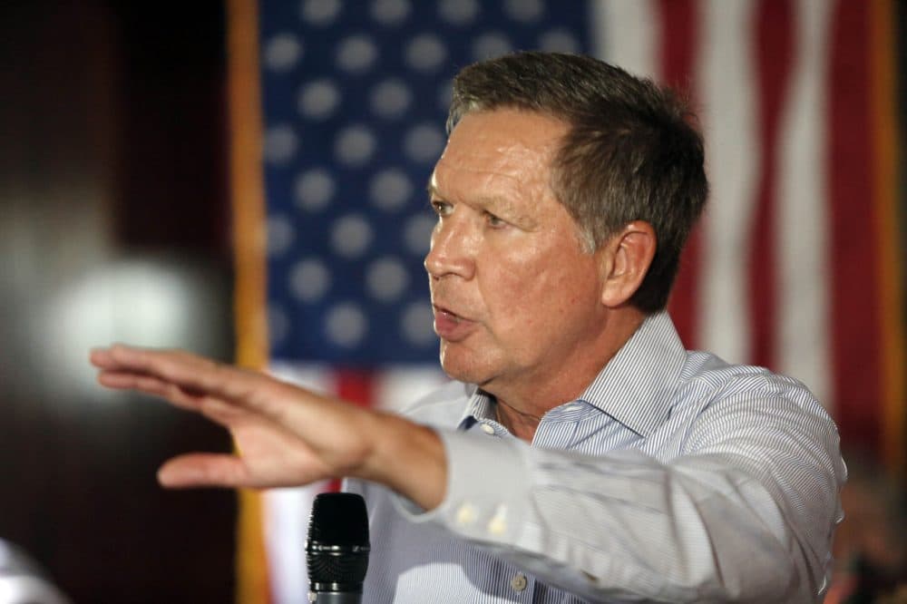 Republican presidential candidate and Ohio Gov. John Kasich speaks during a campaign stop on Aug. 12 in Derry, N.H. (Jim ColeAP)