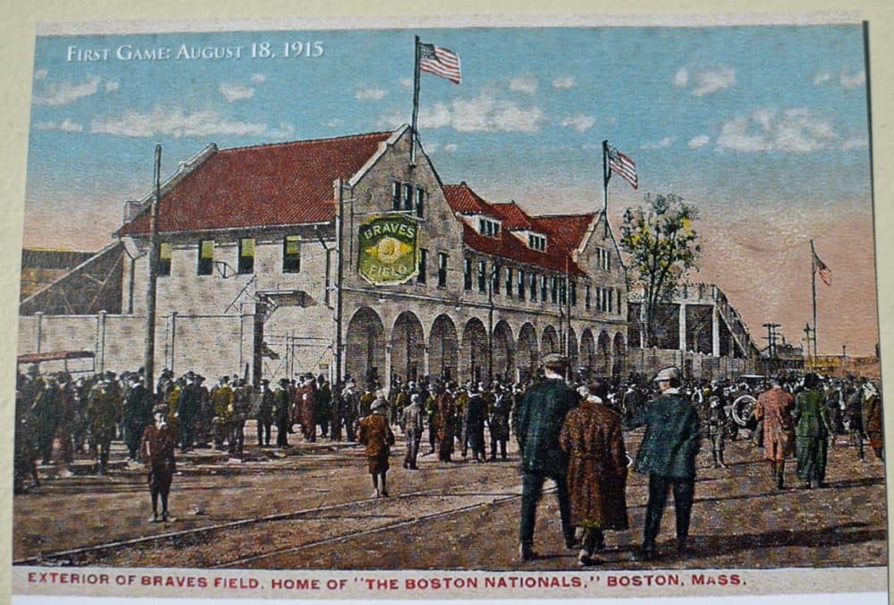 An old postcard showing what the building looked like back in 1915. (Photo of postcard by Sharon Brody for WBUR)