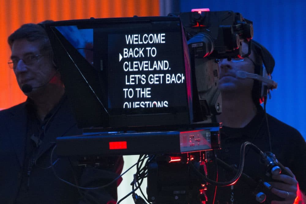 Production crew members work a pre-debate forum at the Quicken Loans Arena, Thursday, Aug. 6, 2015, in Cleveland.  (AP)