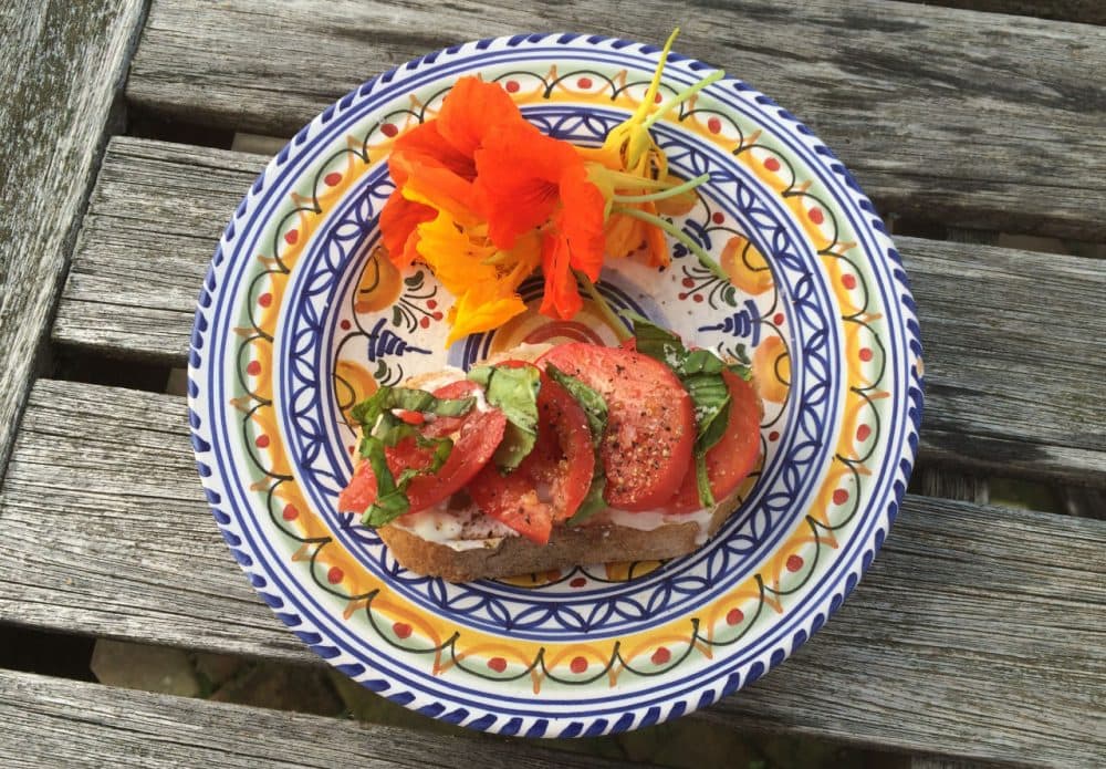 Kathy Gunst's End-of-Summer Tomato Tartine is a French-style open-faced sandwich with ripe tomatoes, fresh basil and fresh ricotta or goat cheese. (Kathy Gunst)