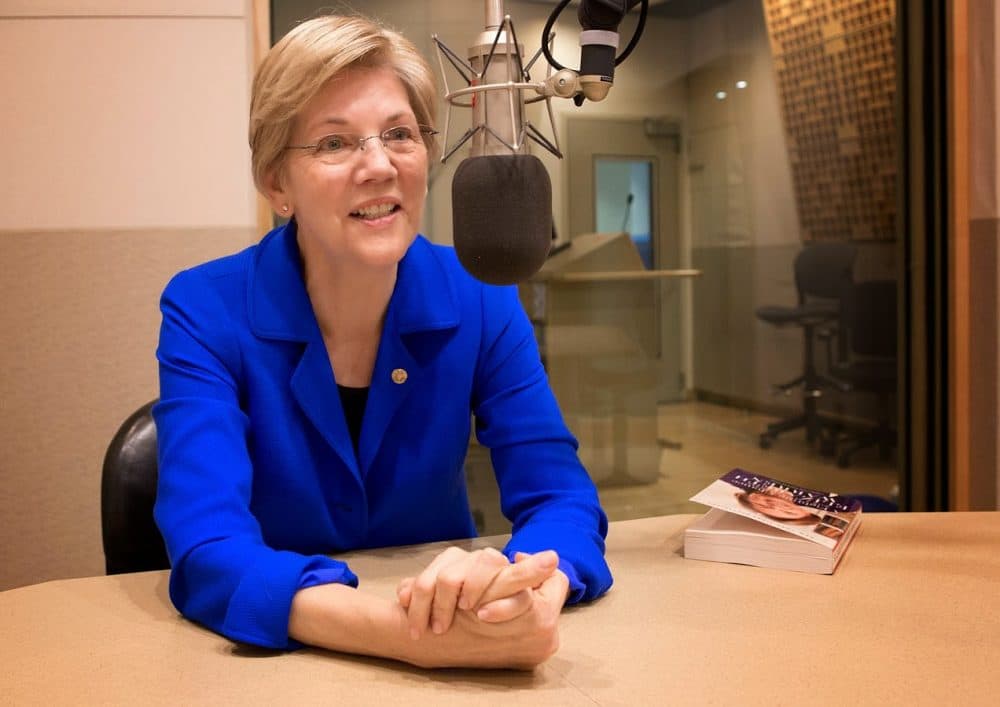 Elizabeth Warren told the AP she's happy with her job as senator. Here she is at WBUR in March. (Robin Lubbock/WBUR)