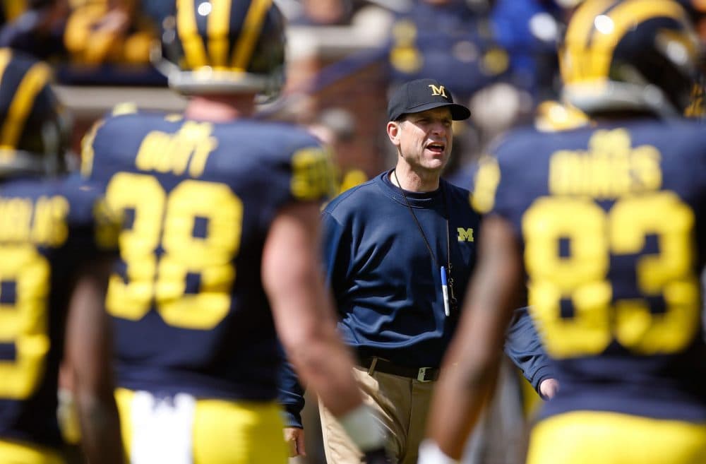 Head coach Jim Harbaugh of the Michigan Wolverines looks on during the Michigan Football Spring Game on April 4, 2015 at Michigan Stadium in Ann Arbor, Michigan. (Gregory Shamus/Getty Images)