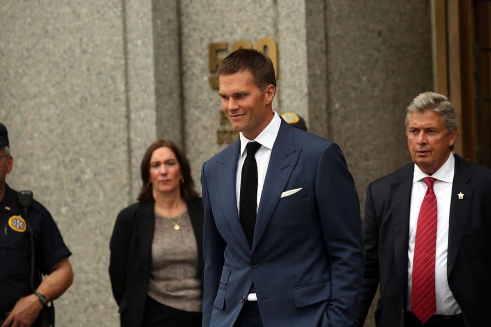 Quarterback Tom Brady of the New England Patriots leaves federal court after contesting his four game suspension with the NFL on August 31, 2015 in New York City. U.S. District Judge Richard Berman had required NFL commissioner Roger Goodell and Brady to be present in court when the NFL and NFL Players Association reconvened their dispute over Brady's four-game Deflategate suspension. The two sides failed to reach an agreement to their seven-month standoff. (Spencer Platt/Getty Images)