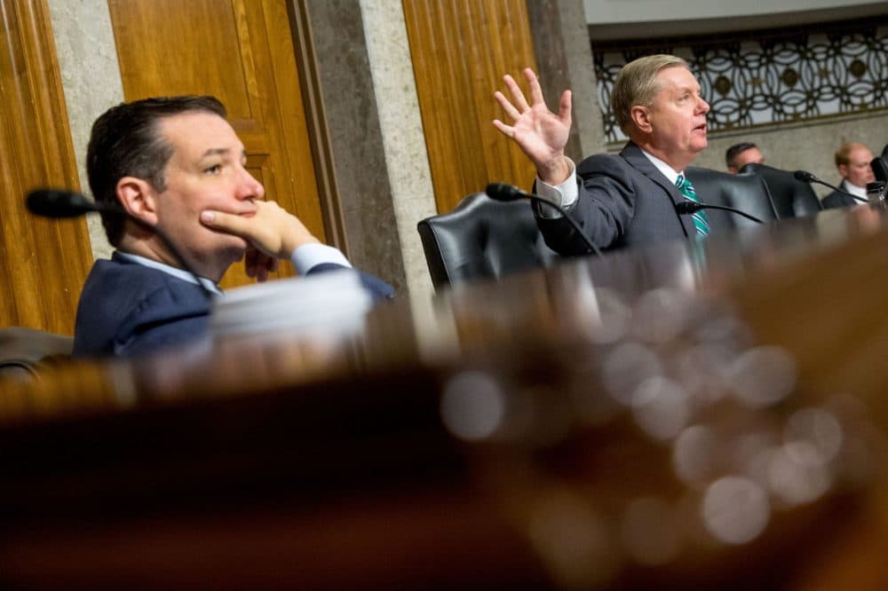 Senate Armed Services Committee members, Republican presidential candidates Rep. Lindsey Graham, R-S.C., right, and Sen. Ted Cruz, R-Texas, participate in the committee's hearing on the impacts of the Joint Comprehensive Plan of Action (JCPOA) on U.S. Interests and the Military Balance in the Middle East, Wednesday, July 29, 2015, on Capitol Hill in Washington. (Andrew Harnik/AP)