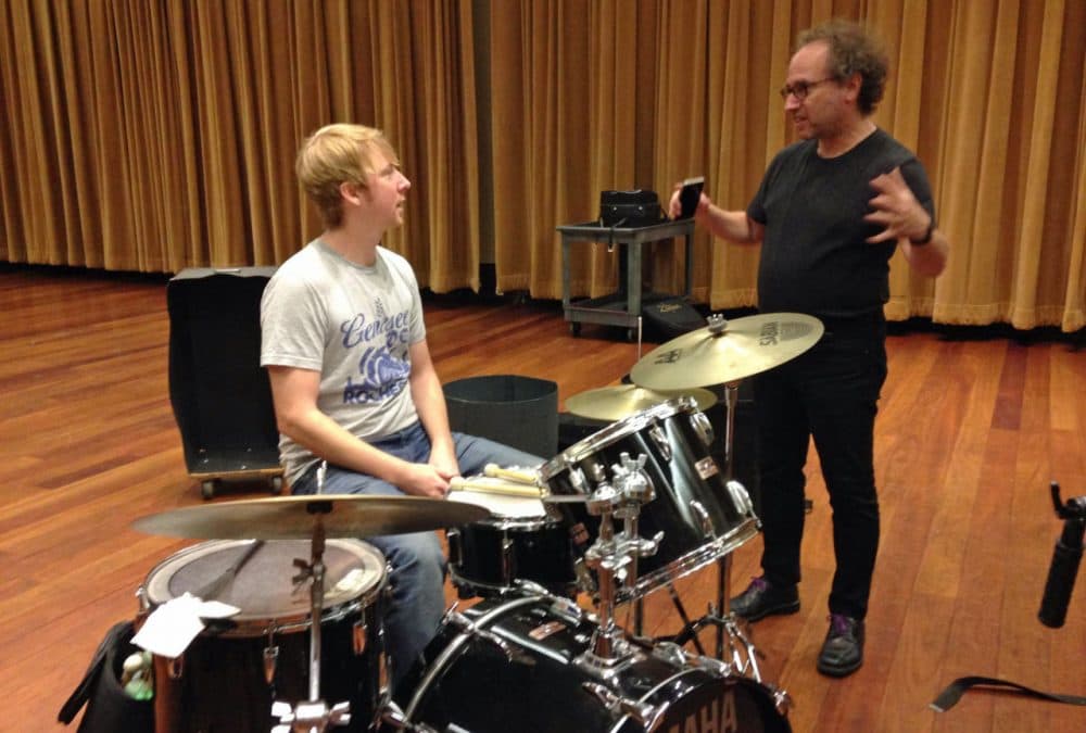 Composer Tod Machover works with a Detroit Symphony Orchestra percussionist on what the beat of Detroit sounds like. (Emily Fox/Michigan Radio)