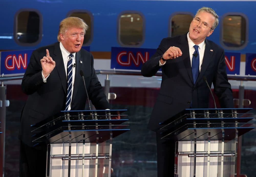 Republican presidential candidates Donald Trump (L) and Jeb Bush argue during the republican presidential debates at the Reagan Library on September 16.  (Justin Sullivan/Getty Images)