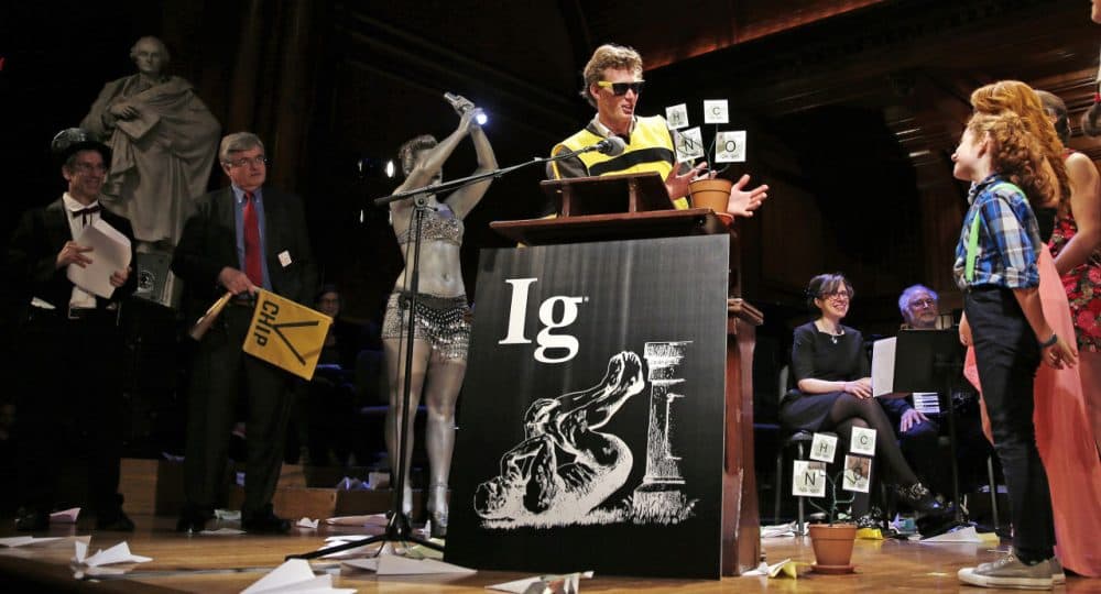 Michael Smith, who allowed himself to be stung about 200 times by bees to determine where you feel the most pain on the body from a sting, at the Ig Nobel Prize ceremony at Harvard University, in Cambridge, Mass., Thursday, Sept. 17, 2015. (Charles Krupa/AP)