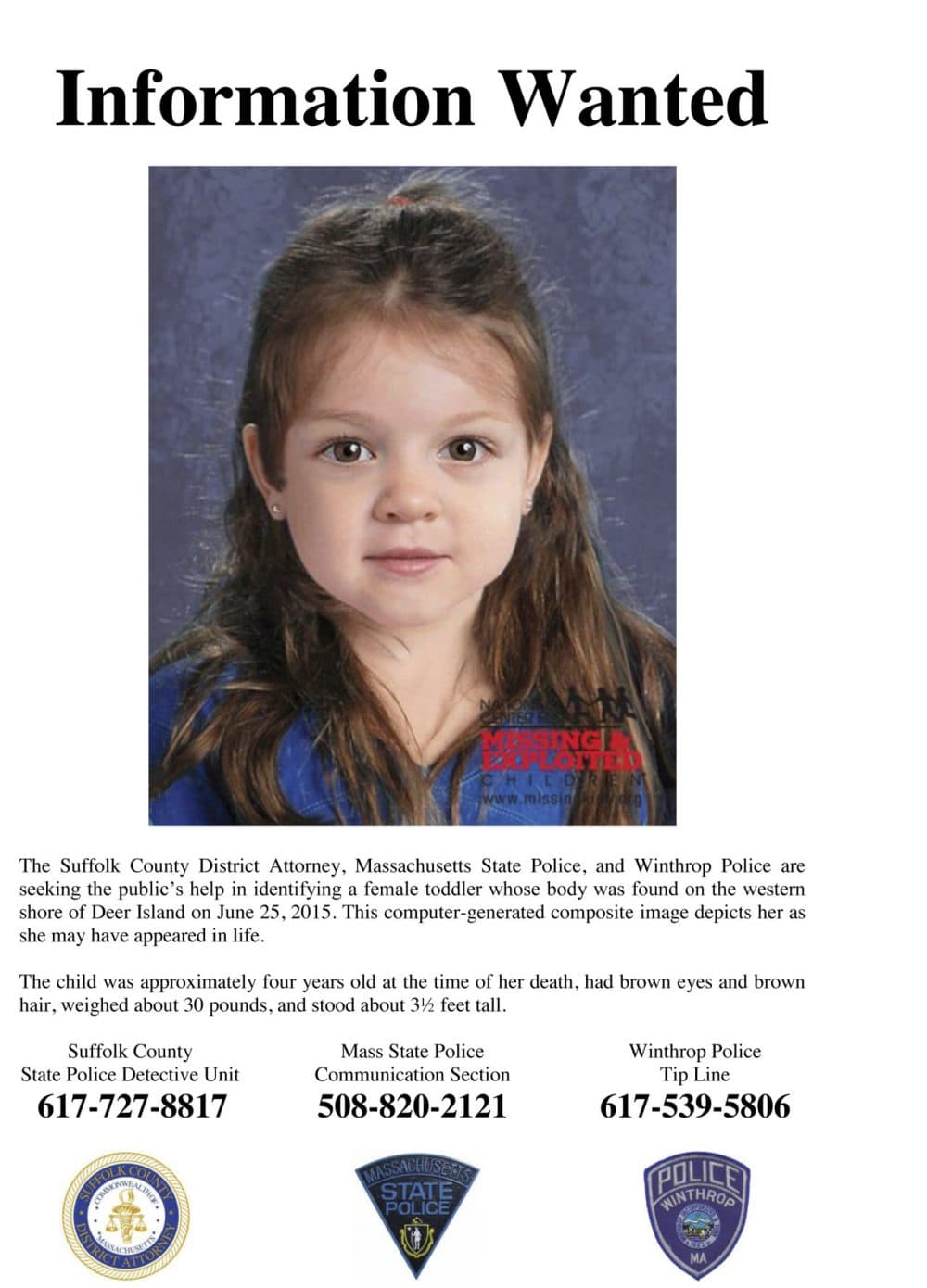 Flyer released July 2015 by the Suffolk County Massachusetts District Attorney includes a computer-generated composite image depicting the possible likeness of a young girl whose body was found on the shore of Deer Island in Boston Harbor in June. (Suffolk County District Attorney via AP, File)